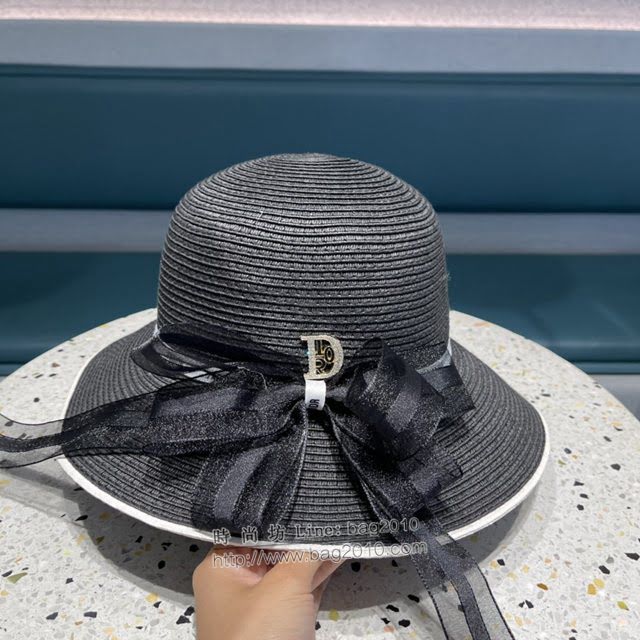 Dior新品女士帽子 迪奧蝴蝶結絲帶盆帽草帽遮陽帽  mm1548